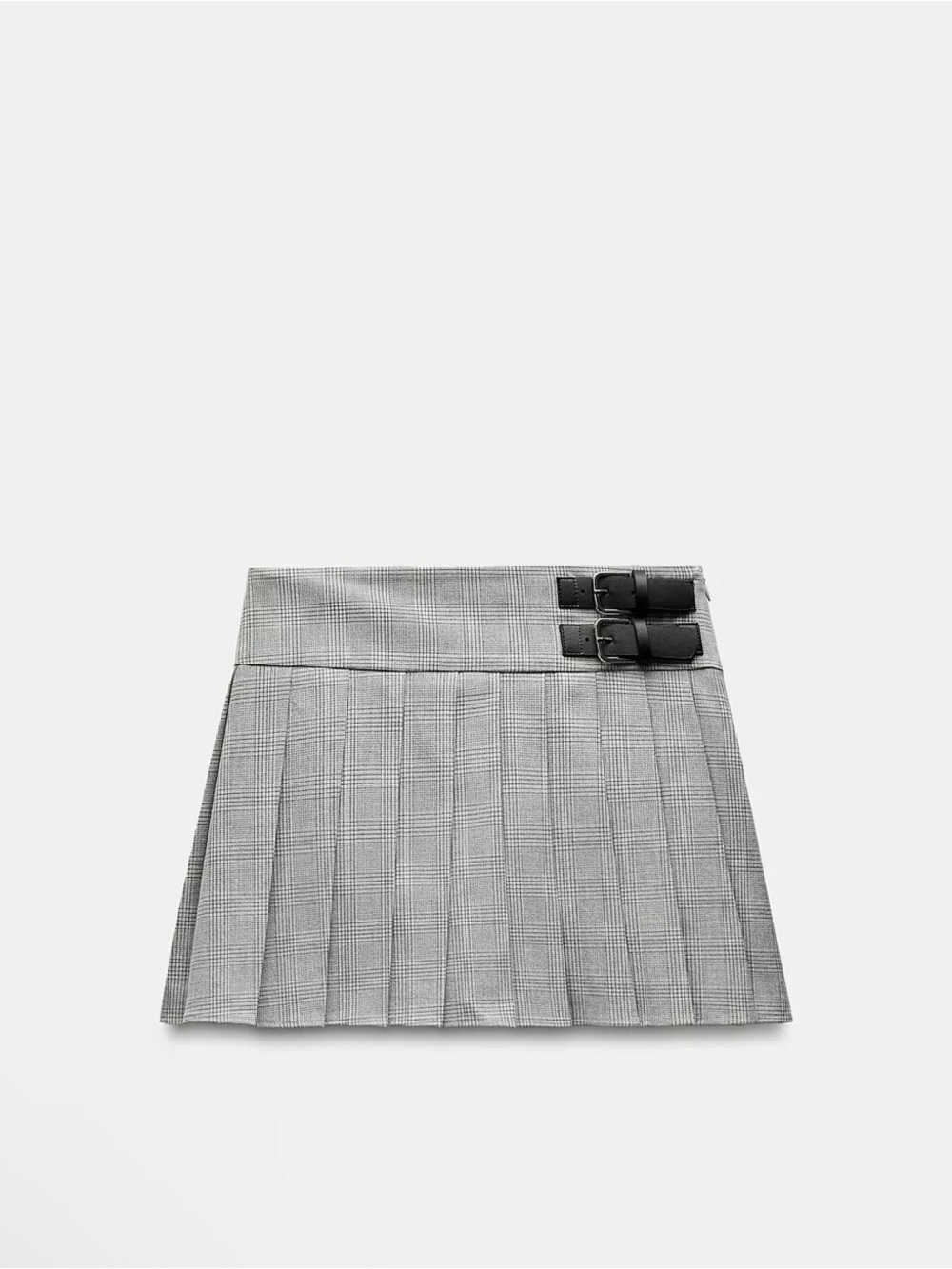 Zara Grey Plaid Pleated Mini Skort with Double Buckles